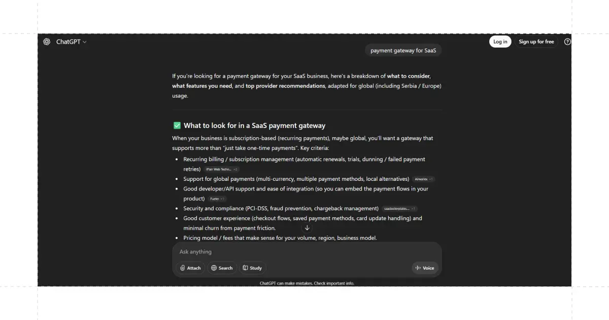 chatgpt response for "payment gateway for SaaS" query